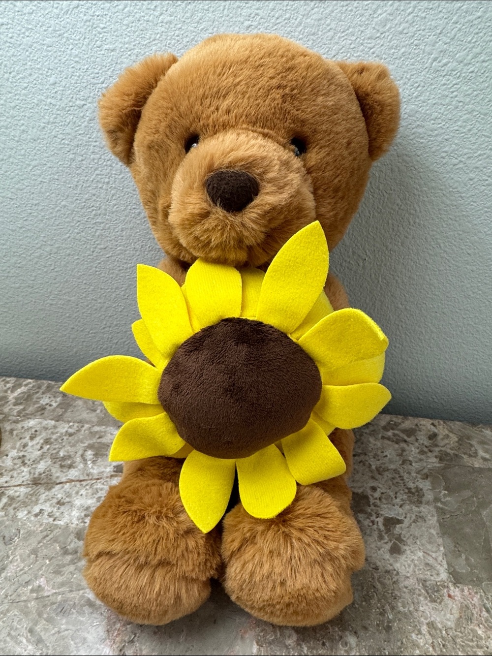 Aurora world Plush Brown Teddy Bear with Bright Yellow Sunflower